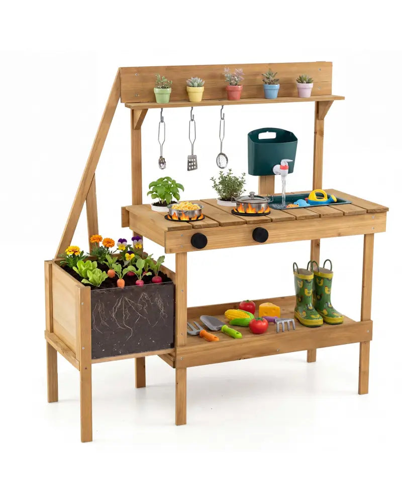 Kids Mud Kitchen Wooden Play Kitchen with Planter Box-Natural - Natural - Play Kitchen Sets