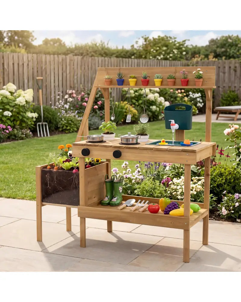 Kids Mud Kitchen Wooden Play Kitchen with Planter Box-Natural - Natural - Play Kitchen Sets