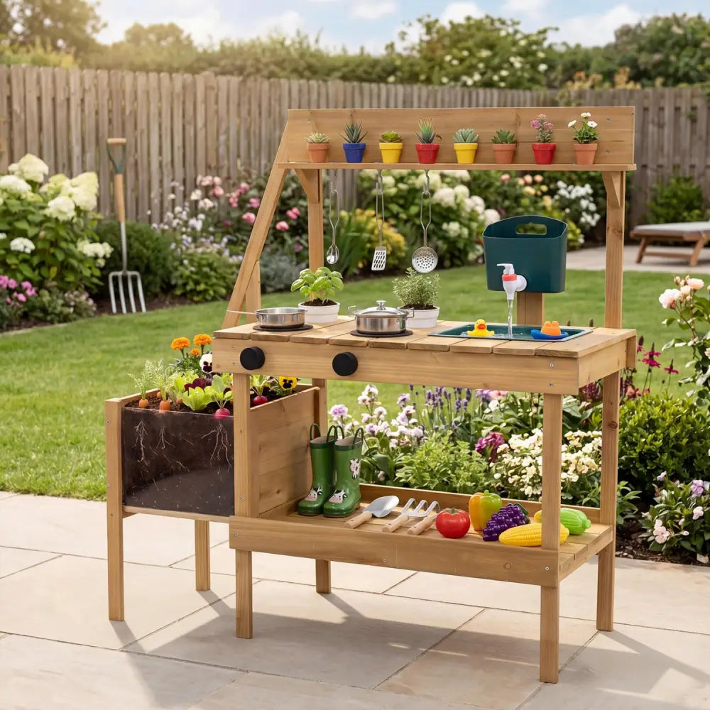 Kids Mud Kitchen Wooden Play Kitchen with Planter Box-Natural - Natural - Play Kitchen Sets