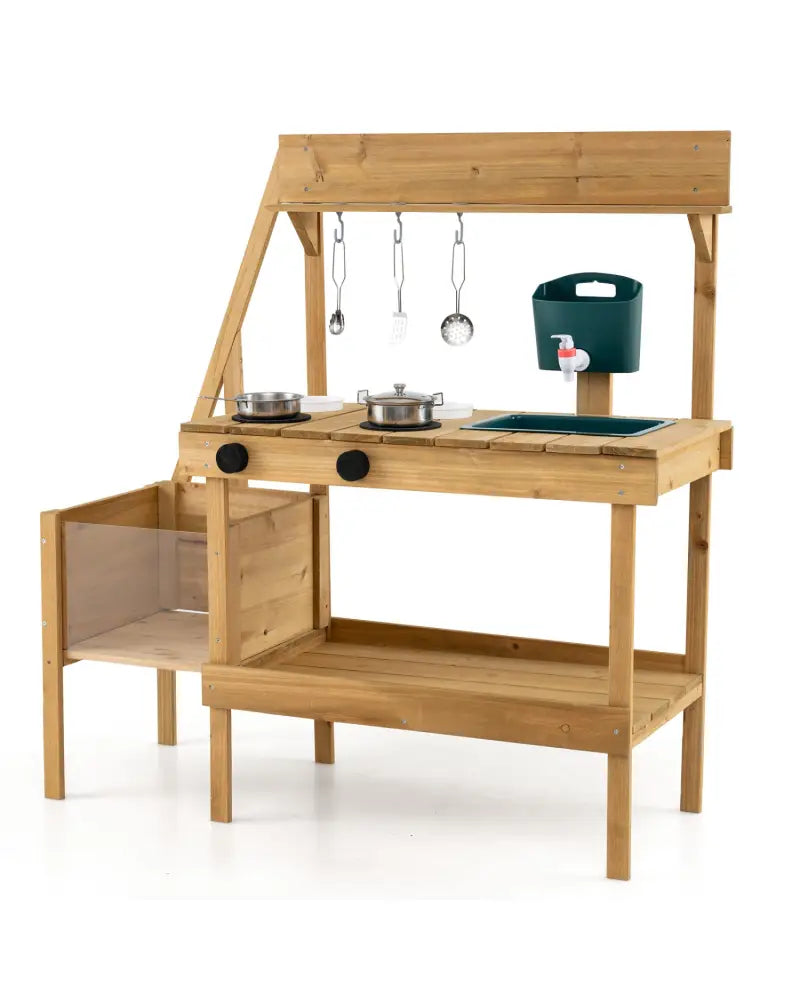 Kids Mud Kitchen Wooden Play Kitchen with Planter Box-Natural - Natural - Play Kitchen Sets