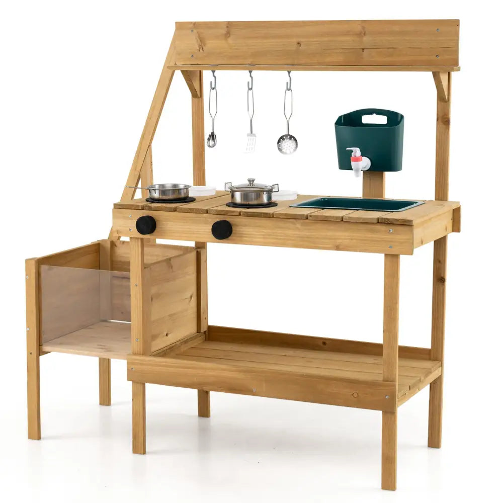 Kids Mud Kitchen Wooden Play Kitchen with Planter Box-Natural - Natural - Play Kitchen Sets