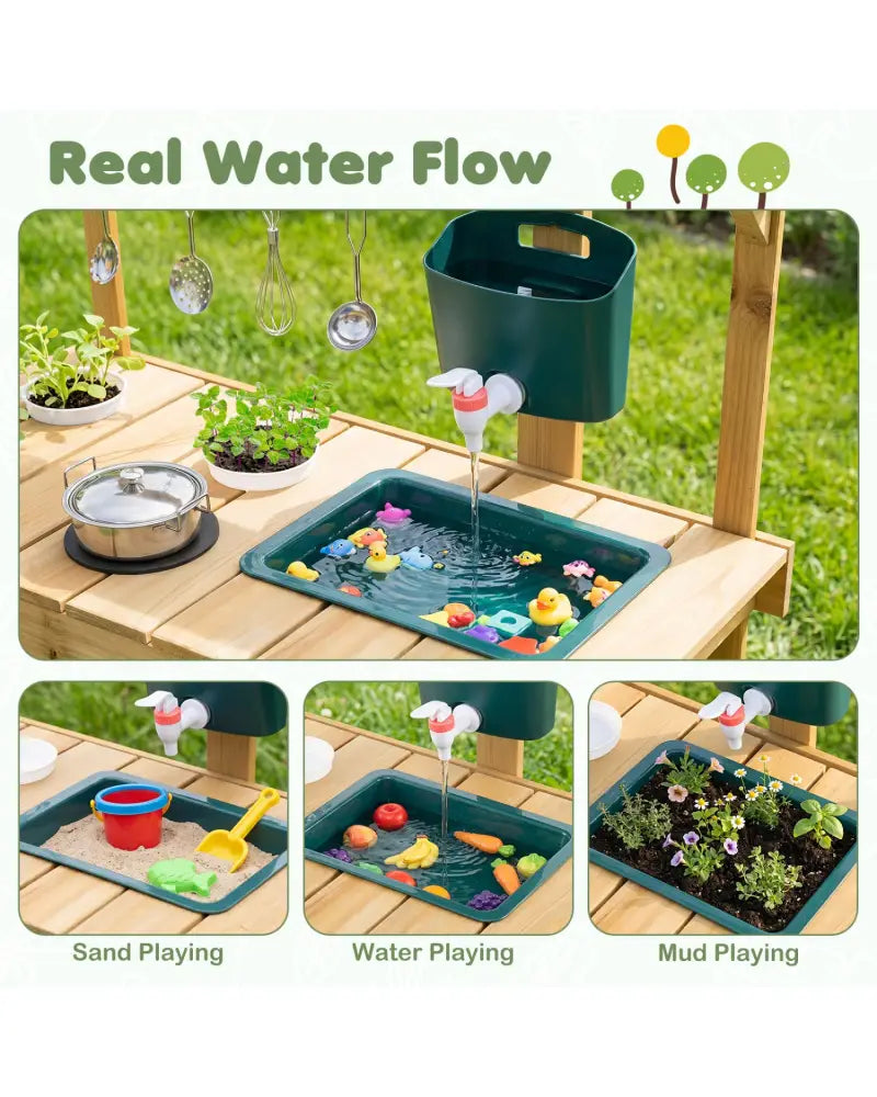 Kids Mud Kitchen Wooden Play Kitchen with Planter Box-Natural - Natural - Play Kitchen Sets
