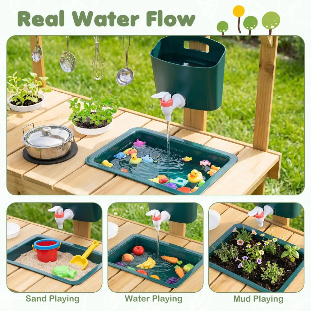 Kids Mud Kitchen Wooden Play Kitchen with Planter Box-Natural - Natural - Play Kitchen Sets