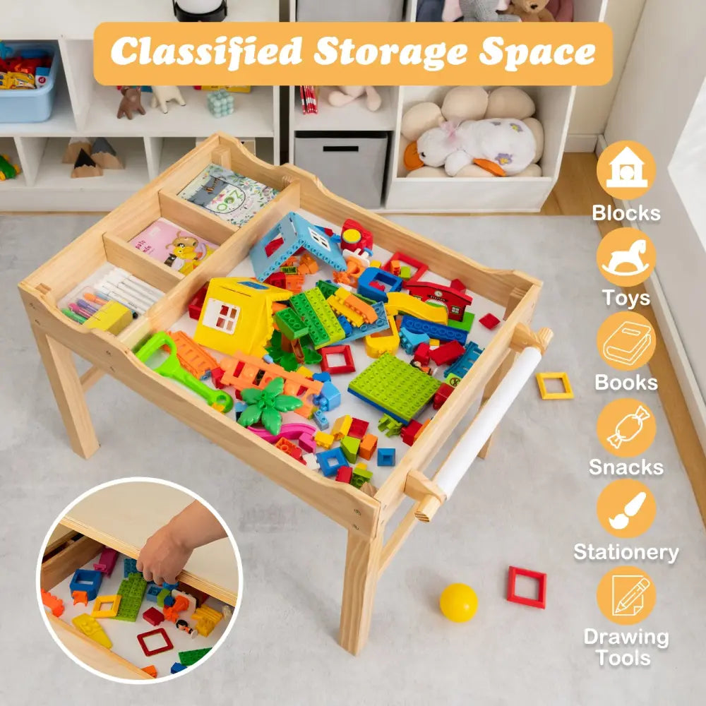 Kids Multi Activity Play Table Wooden Building Block Desk with Storage Paper Roll-Natural - Natural - Kids Table &