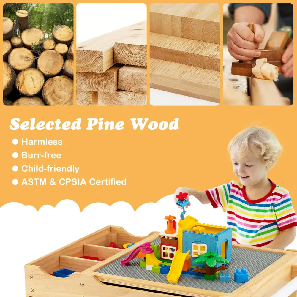 Kids Multi Activity Play Table Wooden Building Block Desk with Storage Paper Roll-Natural - Natural - Kids Table &