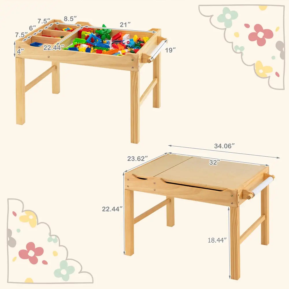 Kids Multi Activity Play Table Wooden Building Block Desk with Storage Paper Roll-Natural - Natural - Kids Table &