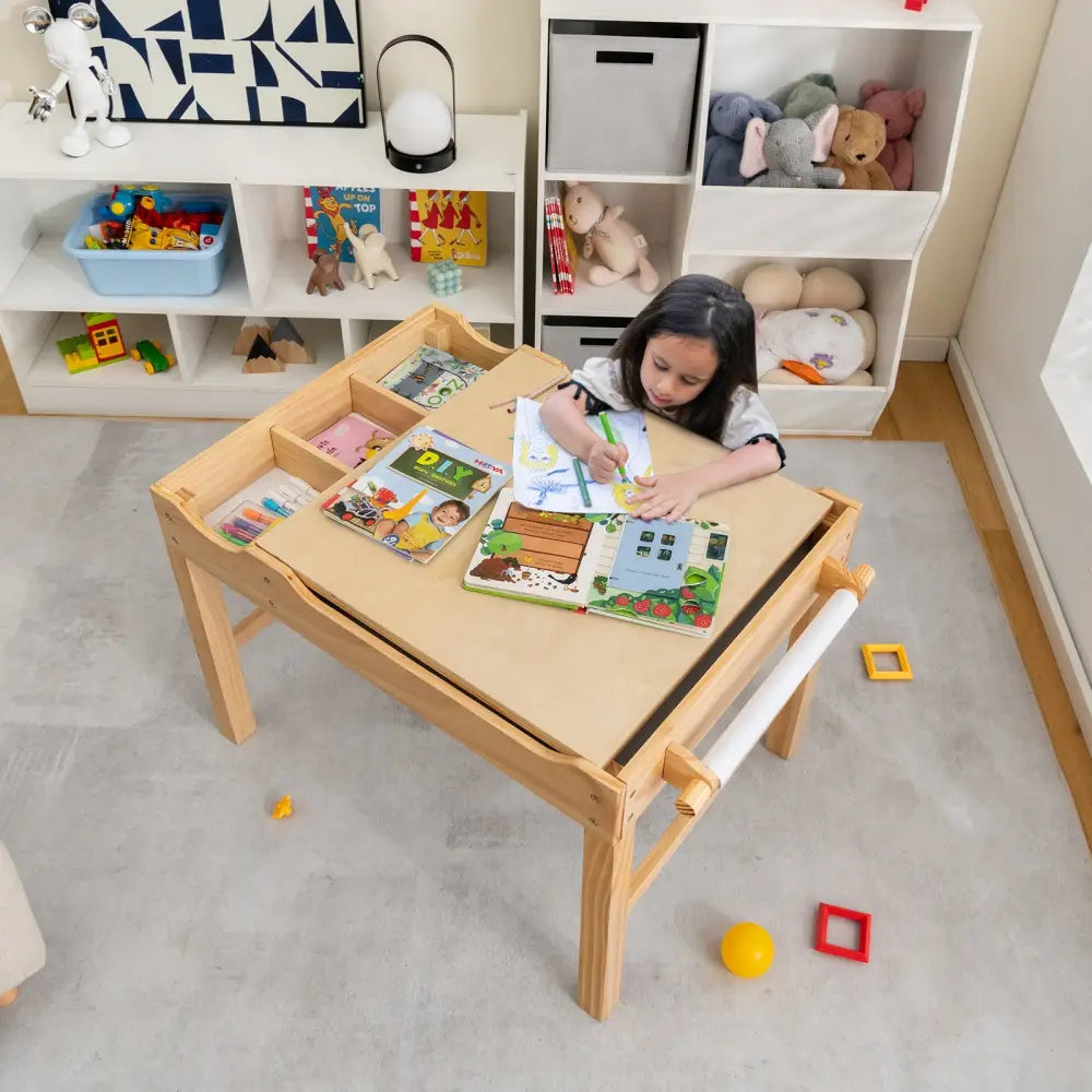 Kids Multi Activity Play Table Wooden Building Block Desk with Storage Paper Roll-Natural - Natural - Kids Table &