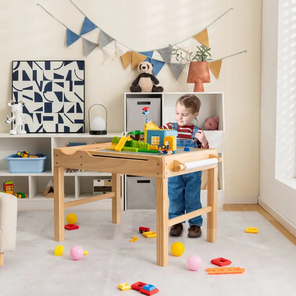 Kids Multi Activity Play Table Wooden Building Block Desk with Storage Paper Roll-Natural - Natural - Kids Table &