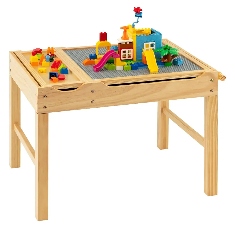 Kids Multi Activity Play Table Wooden Building Block Desk with Storage Paper Roll-Natural - Natural - Kids Table &