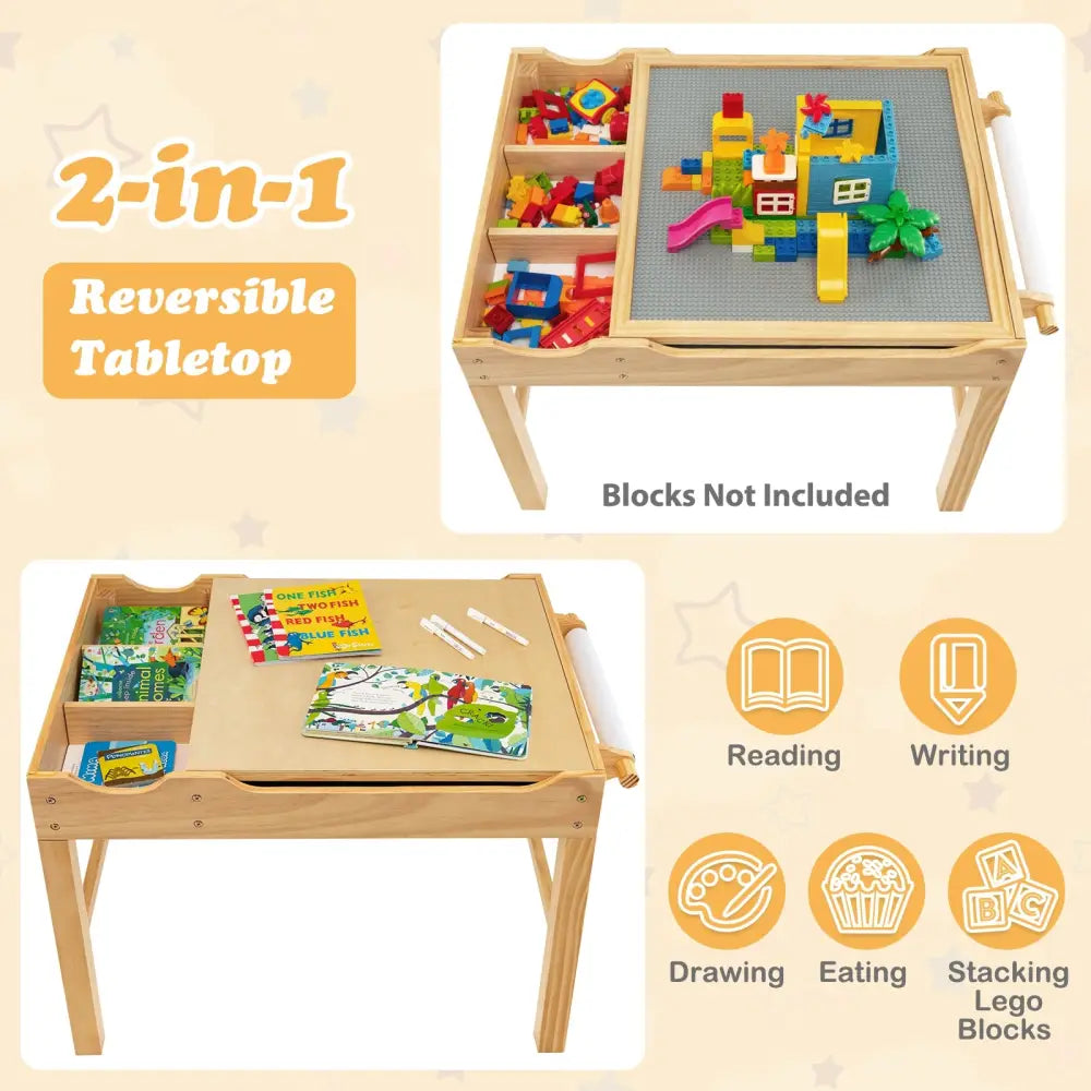 Kids Multi Activity Play Table Wooden Building Block Desk with Storage Paper Roll-Natural - Natural - Kids Table &