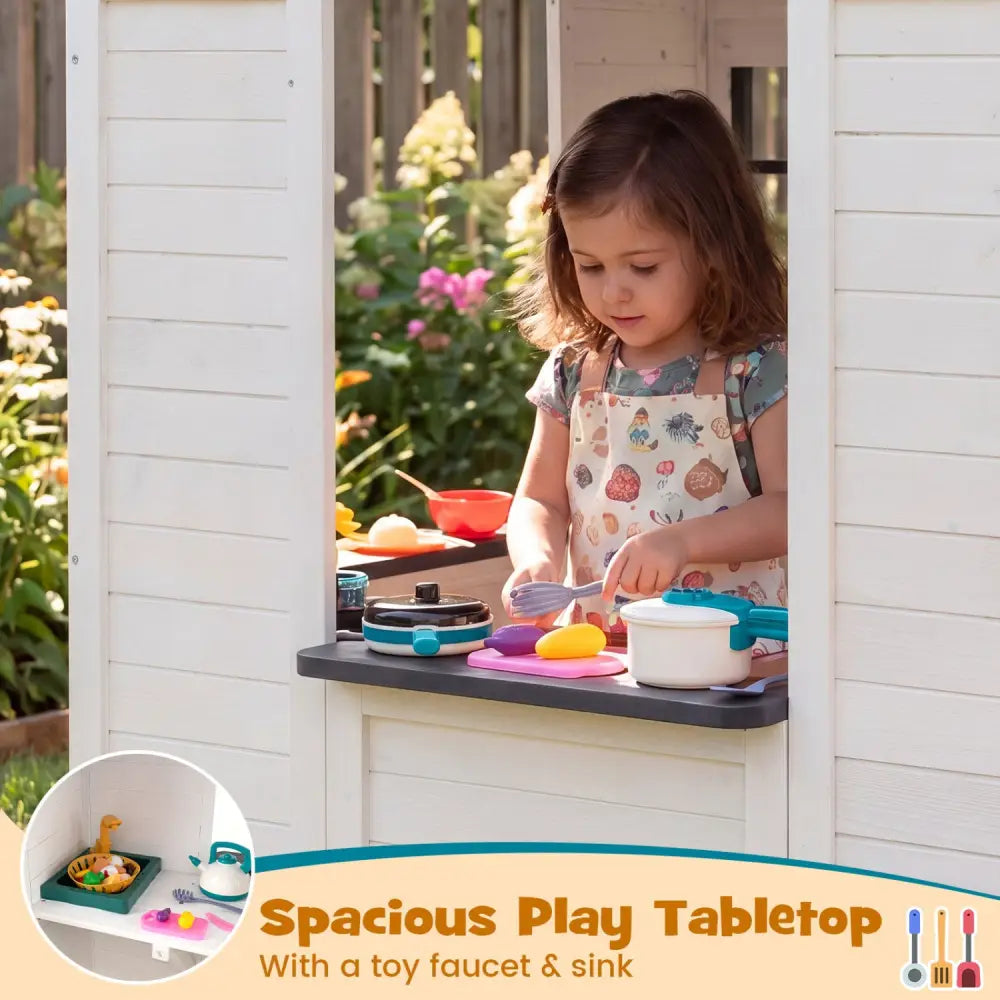 Kids Outdoor Playhouse with Sink Spruce Wooden Cottage with Half Door-White - White - Play Tents & Playhouse