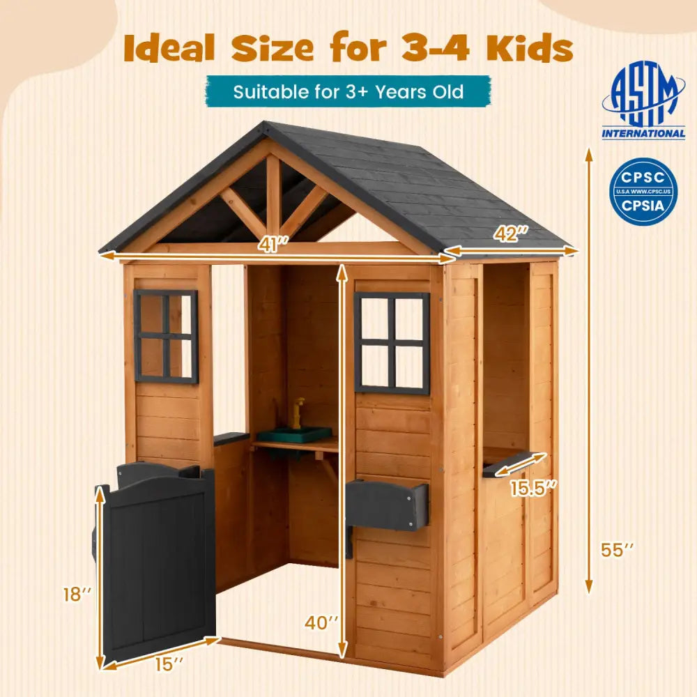 Kids Outdoor Playhouse with Sink Spruce Wooden Cottage with Half Door-Natural - Natural - Play Tents & Playhouse