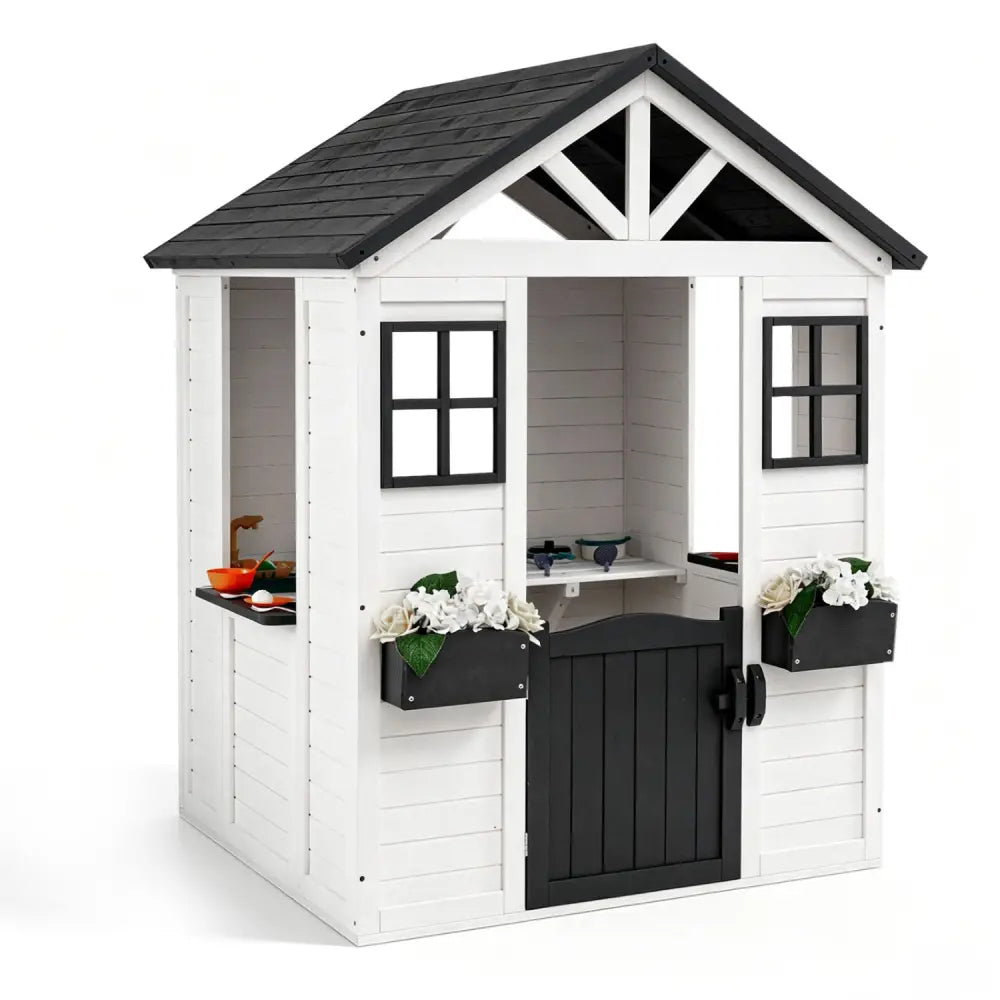 Kids Outdoor Playhouse with Sink Spruce Wooden Cottage with Half Door-White - White - Play Tents & Playhouse