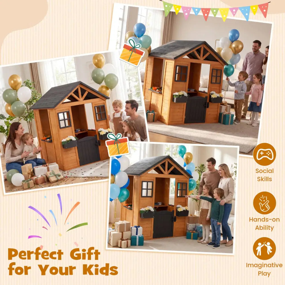 Kids Outdoor Playhouse with Sink Spruce Wooden Cottage with Half Door-Natural - Natural - Play Tents & Playhouse