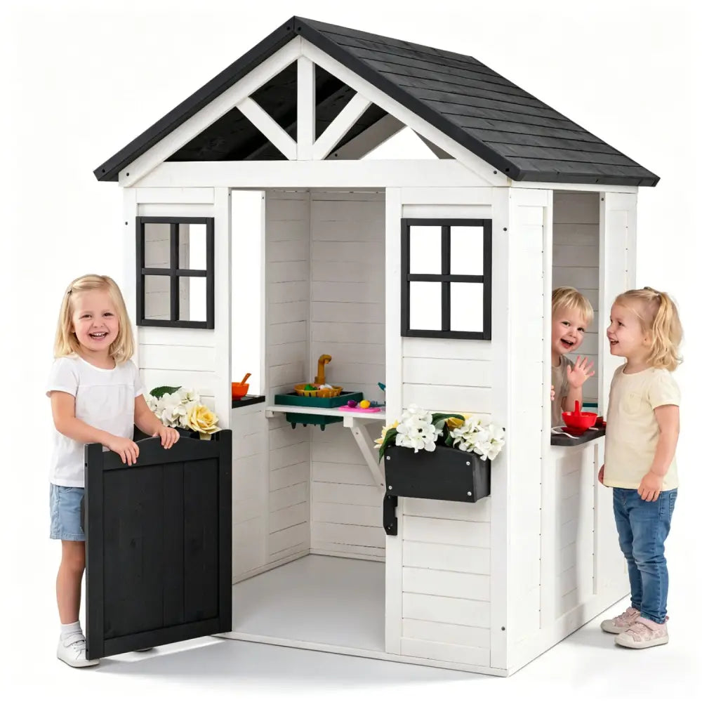 Kids Outdoor Playhouse with Sink Spruce Wooden Cottage with Half Door-White - White - Play Tents & Playhouse