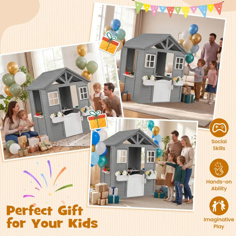Kids Outdoor Playhouse with Sink Spruce Wooden Cottage with Half Door-Gray - Gray - Play Tents & Playhouse