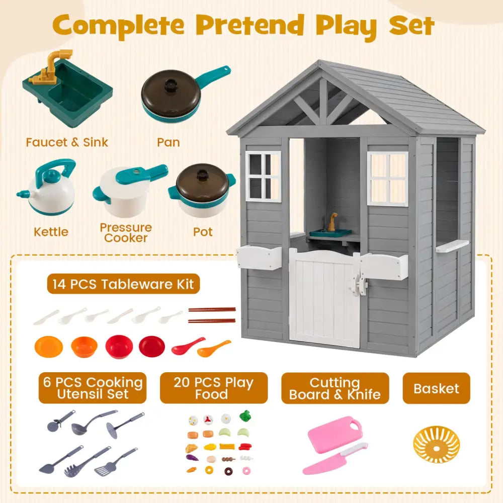 Kids Outdoor Playhouse with Sink Spruce Wooden Cottage with Half Door-Gray - Gray - Play Tents & Playhouse