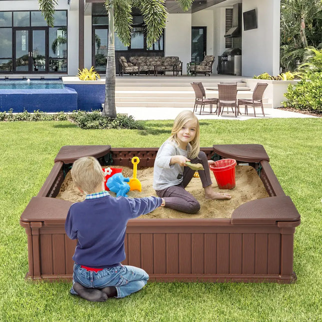 Kids Outdoor Sandbox with Oxford Cover and 4 Corner Seats-Brown - Brown - Sandboxes