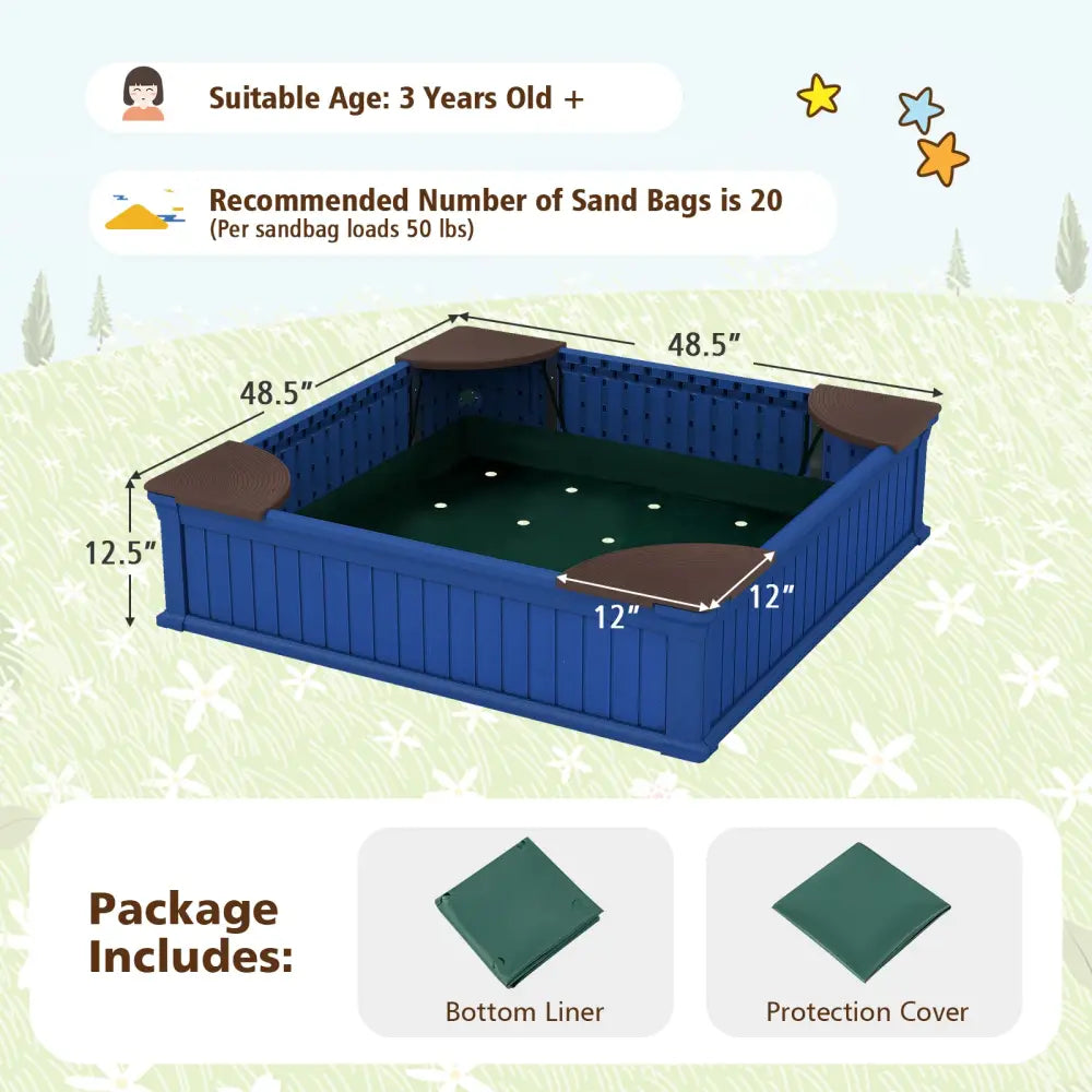 Kids Outdoor Sandbox with Oxford Cover and 4 Corner Seats-Navy - Navy - Sandboxes