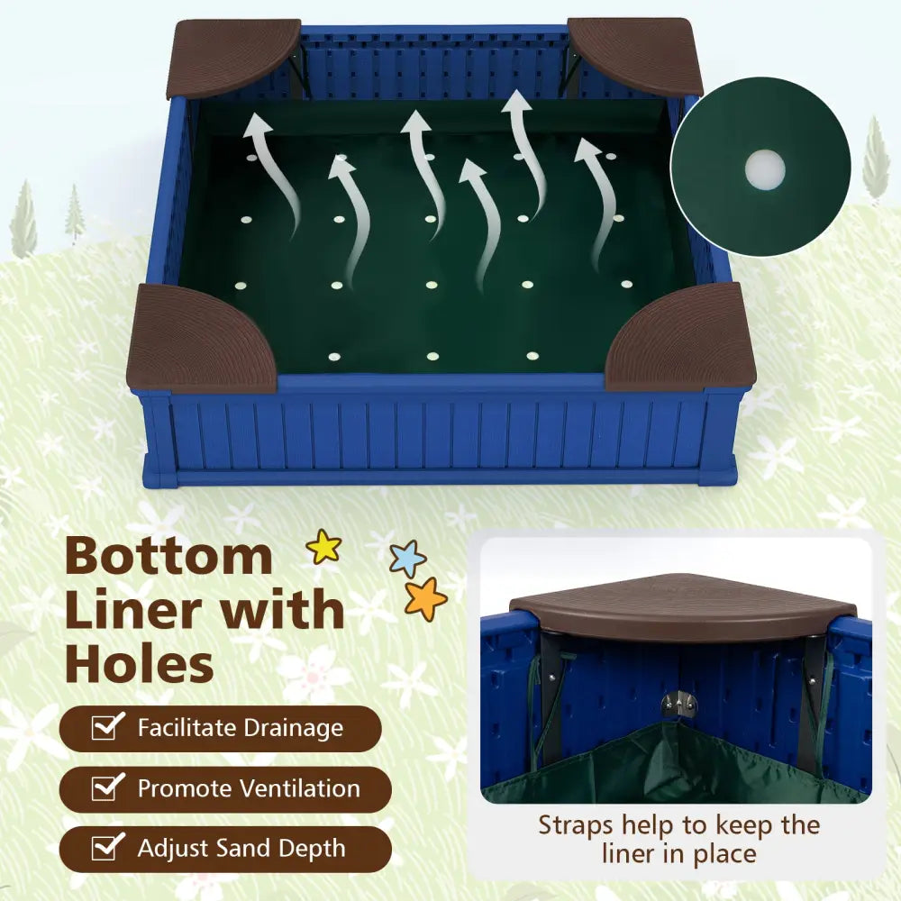 Kids Outdoor Sandbox with Oxford Cover and 4 Corner Seats-Navy - Navy - Sandboxes