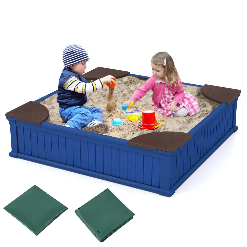 Kids Outdoor Sandbox with Oxford Cover and 4 Corner Seats-Navy - Navy - Sandboxes