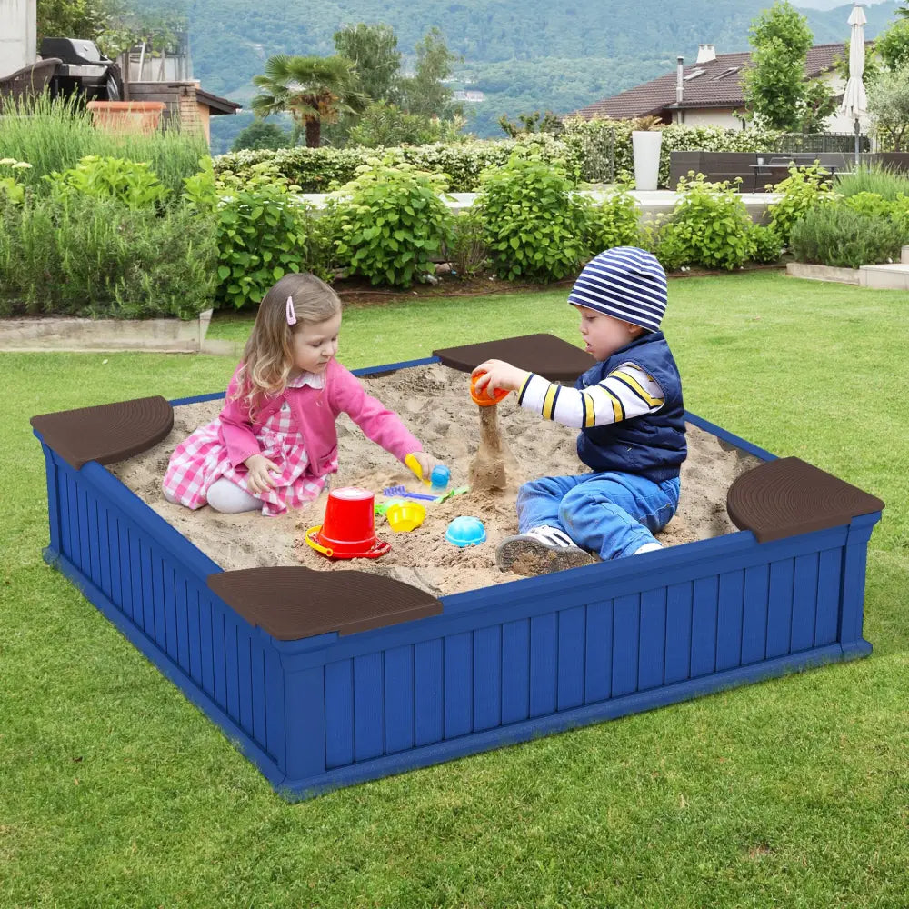 Kids Outdoor Sandbox with Oxford Cover and 4 Corner Seats-Navy - Navy - Sandboxes