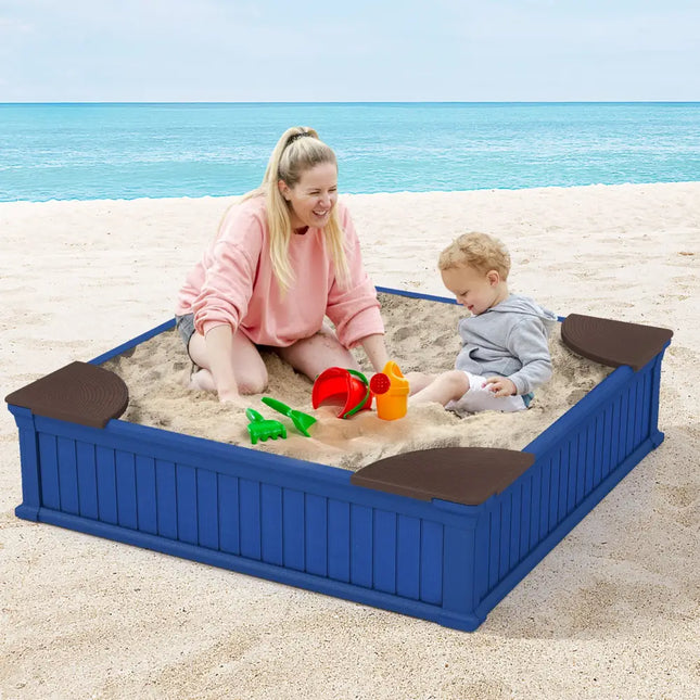 Kids Outdoor Sandbox with Oxford Cover and 4 Corner Seats-Navy - Navy - Sandboxes