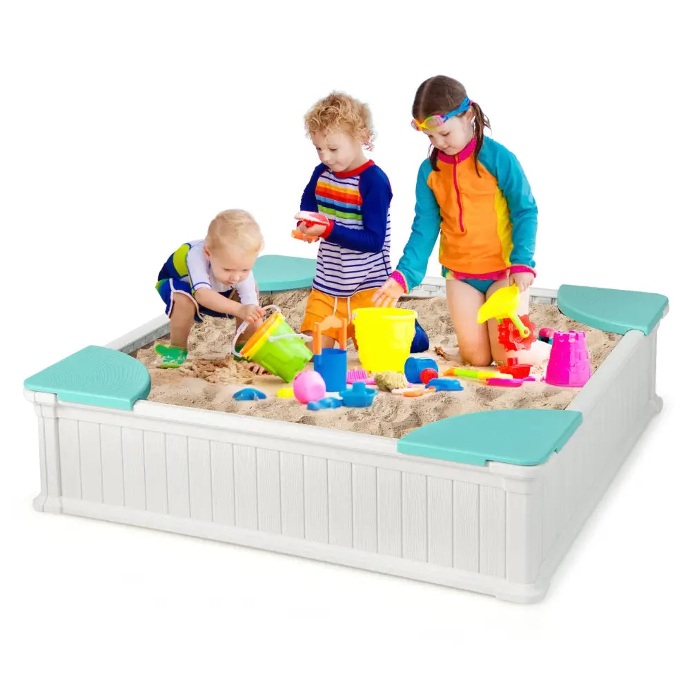 Kids Outdoor Sandbox with Oxford Cover and 4 Corner Seats-White - White - Sandboxes