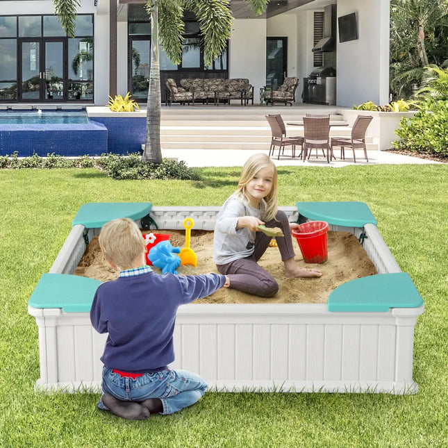 Kids Outdoor Sandbox with Oxford Cover and 4 Corner Seats-White - White - Sandboxes
