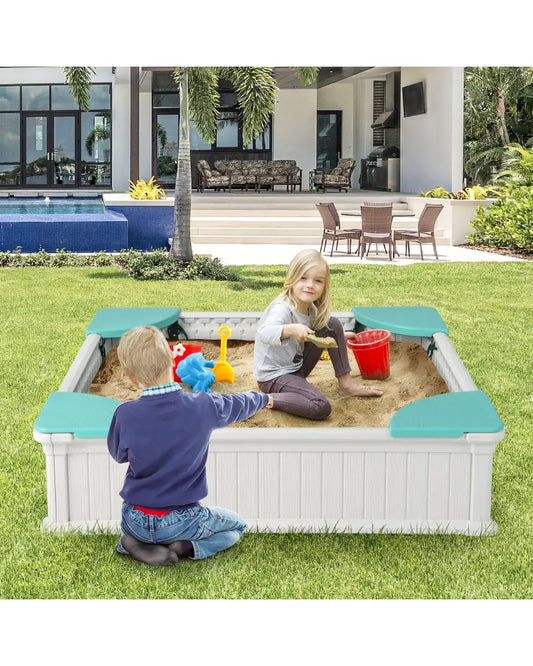 Kids Outdoor Sandbox with Oxford Cover and 4 Corner Seats-White - White - Sandboxes