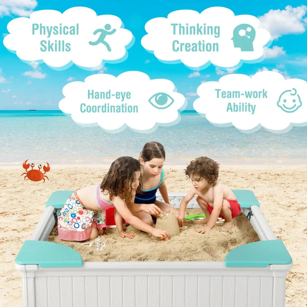 Kids Outdoor Sandbox with Oxford Cover and 4 Corner Seats-White - White - Sandboxes