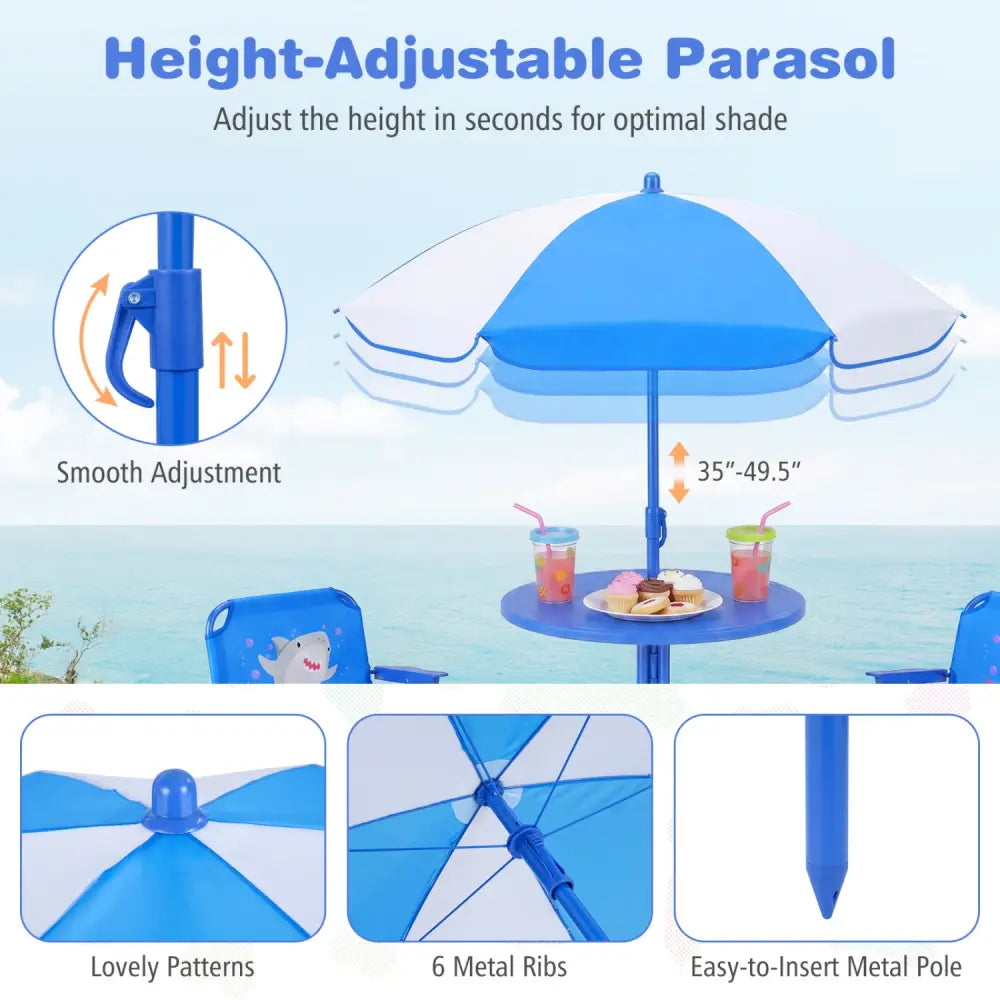Kids Outdoor Table and Chair Set with 2 Folding Chairs and Height Adjustable Umbrella-Navy - Navy - Kids Table & Chair