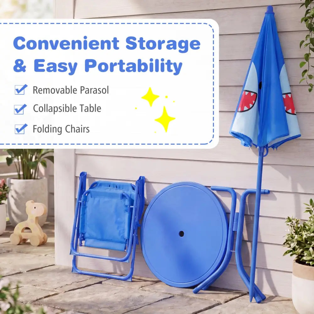Kids Outdoor Table and Chair Set with 2 Folding Chairs and Height Adjustable Umbrella-Blue - Blue - Kids Table & Chair