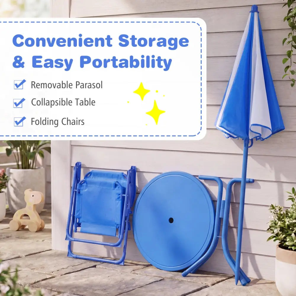 Kids Outdoor Table and Chair Set with 2 Folding Chairs and Height Adjustable Umbrella-Navy - Navy - Kids Table & Chair
