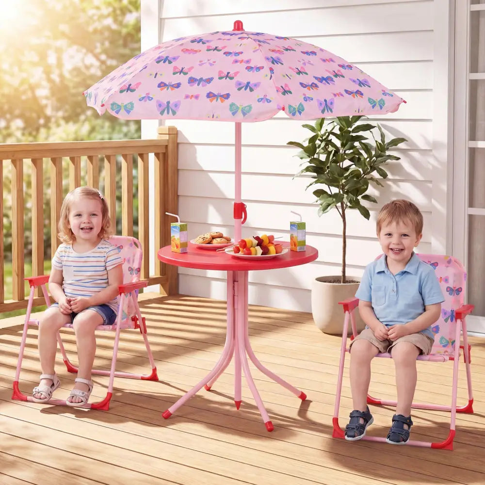 Kids Outdoor Table and Chair Set with 2 Folding Chairs and Height Adjustable Umbrella-Pink and White - White & Pink