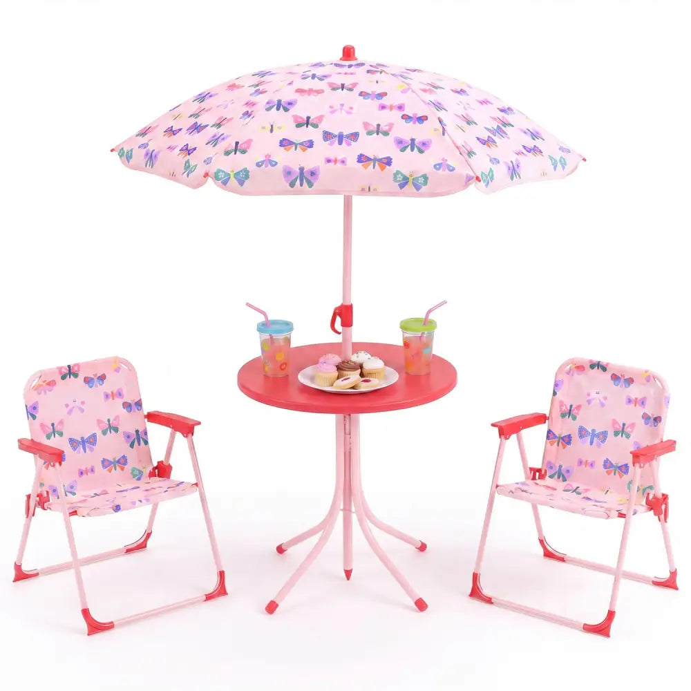 Kids Outdoor Table and Chair Set with 2 Folding Chairs and Height Adjustable Umbrella-Pink and White - White & Pink