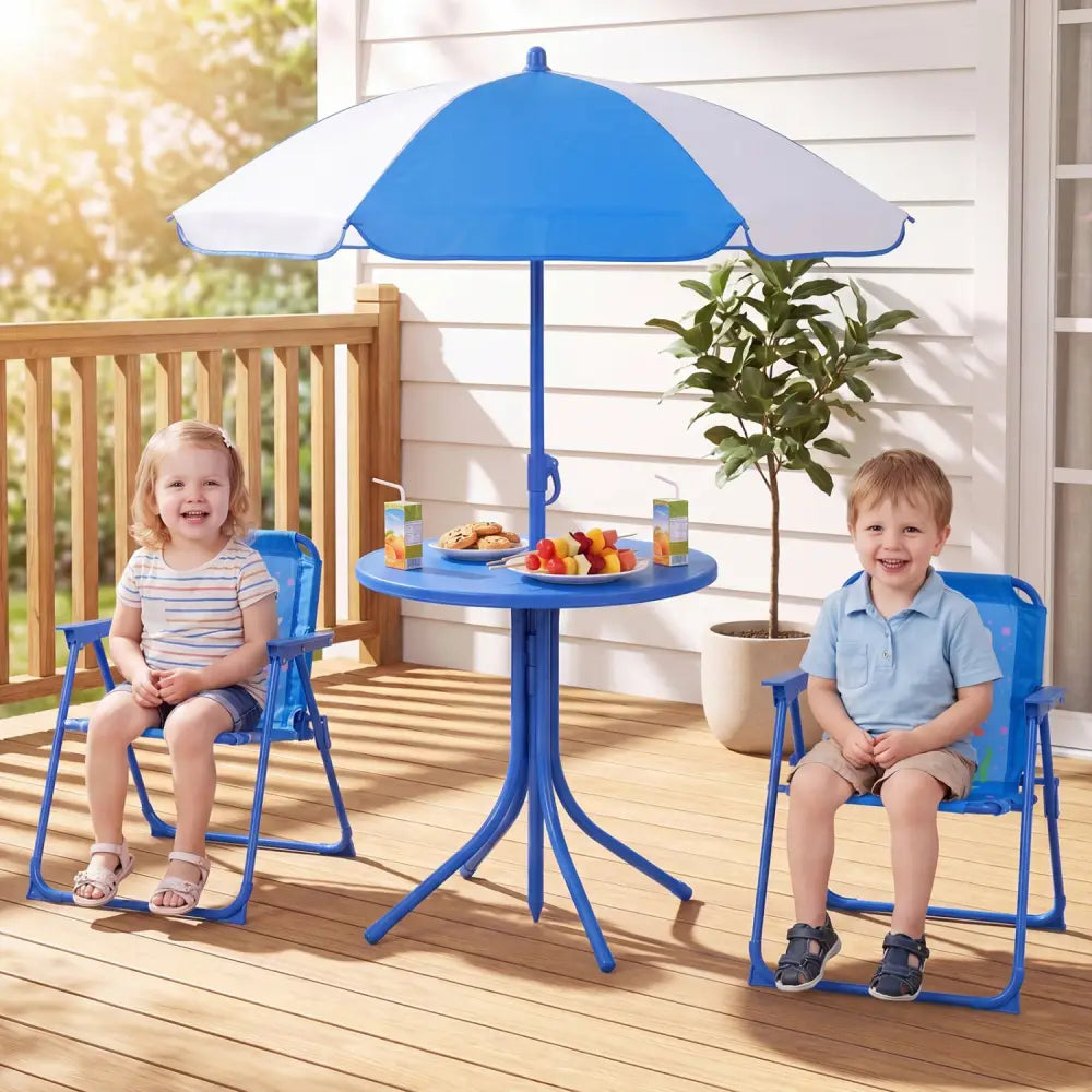 Kids Outdoor Table and Chair Set with 2 Folding Chairs and Height Adjustable Umbrella-Navy - Navy - Kids Table & Chair
