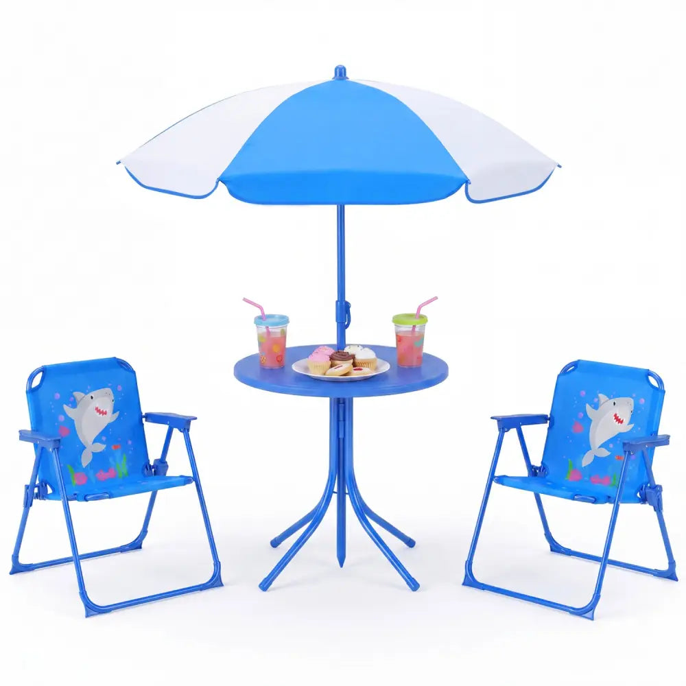 Kids Outdoor Table and Chair Set with 2 Folding Chairs and Height Adjustable Umbrella-Navy - Navy - Kids Table & Chair