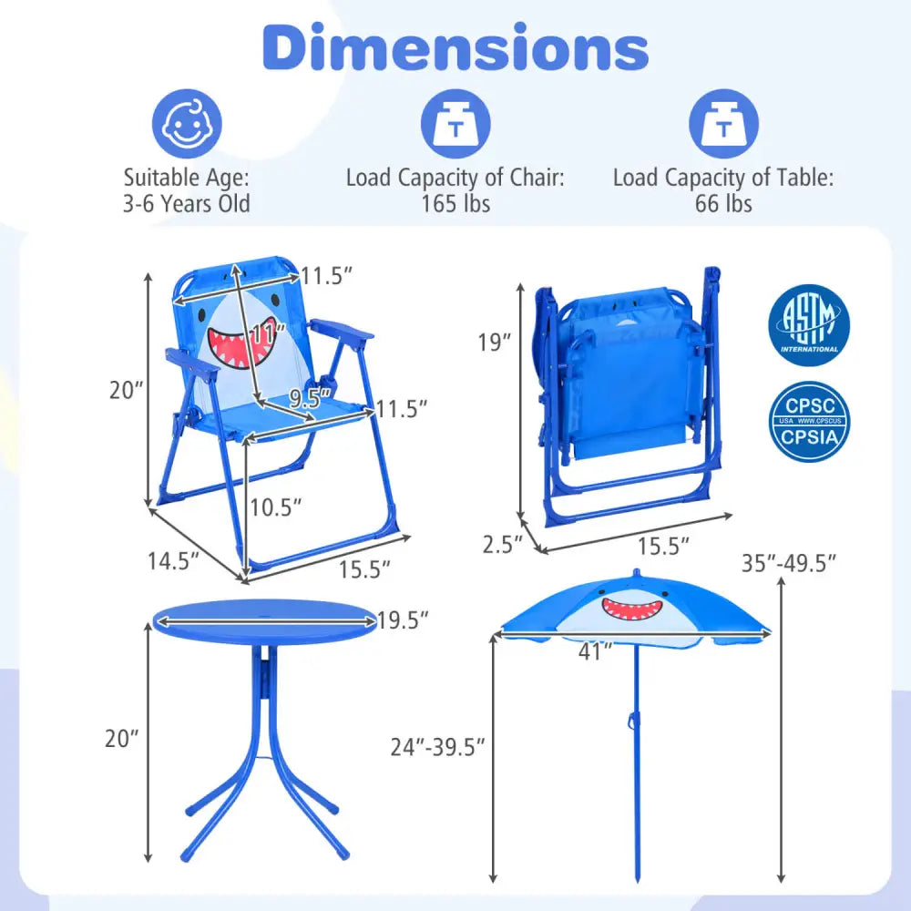 Kids Outdoor Table and Chair Set with 2 Folding Chairs and Height Adjustable Umbrella-Blue - Blue - Kids Table & Chair