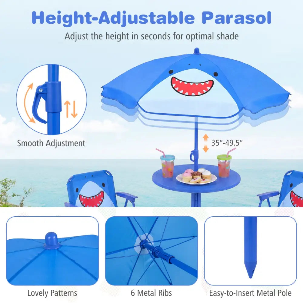 Kids Outdoor Table and Chair Set with 2 Folding Chairs and Height Adjustable Umbrella-Blue - Blue - Kids Table & Chair
