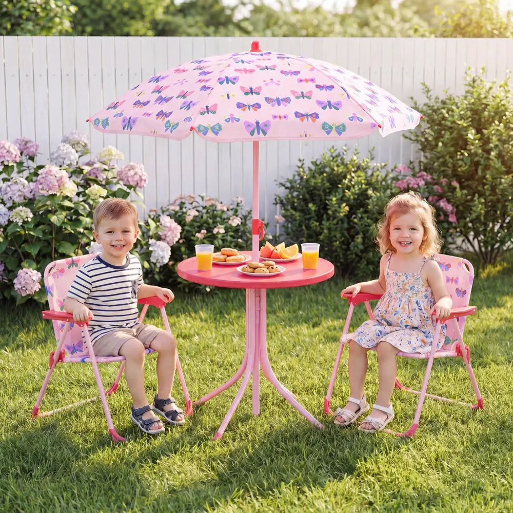 Kids Outdoor Table and Chair Set with 2 Folding Chairs and Height Adjustable Umbrella-Pink and White - White & Pink