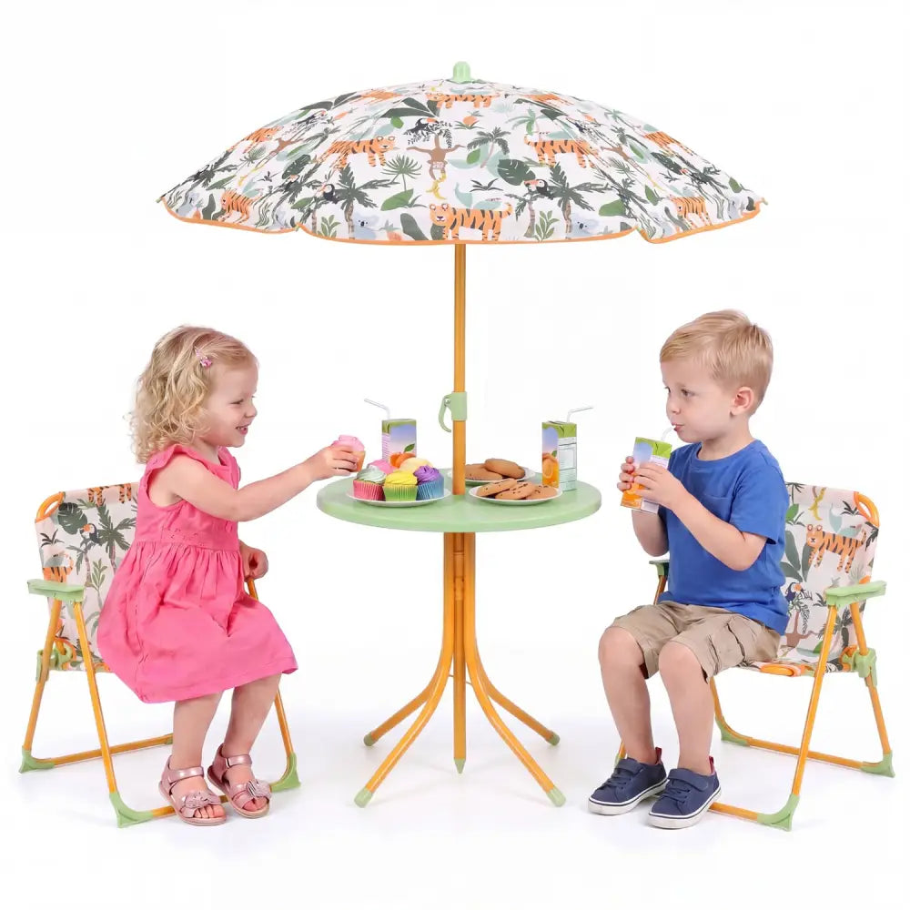 Kids Outdoor Table and Chair Set with 2 Folding Chairs and Height Adjustable Umbrella-Yellow - Yellow - Kids Table &