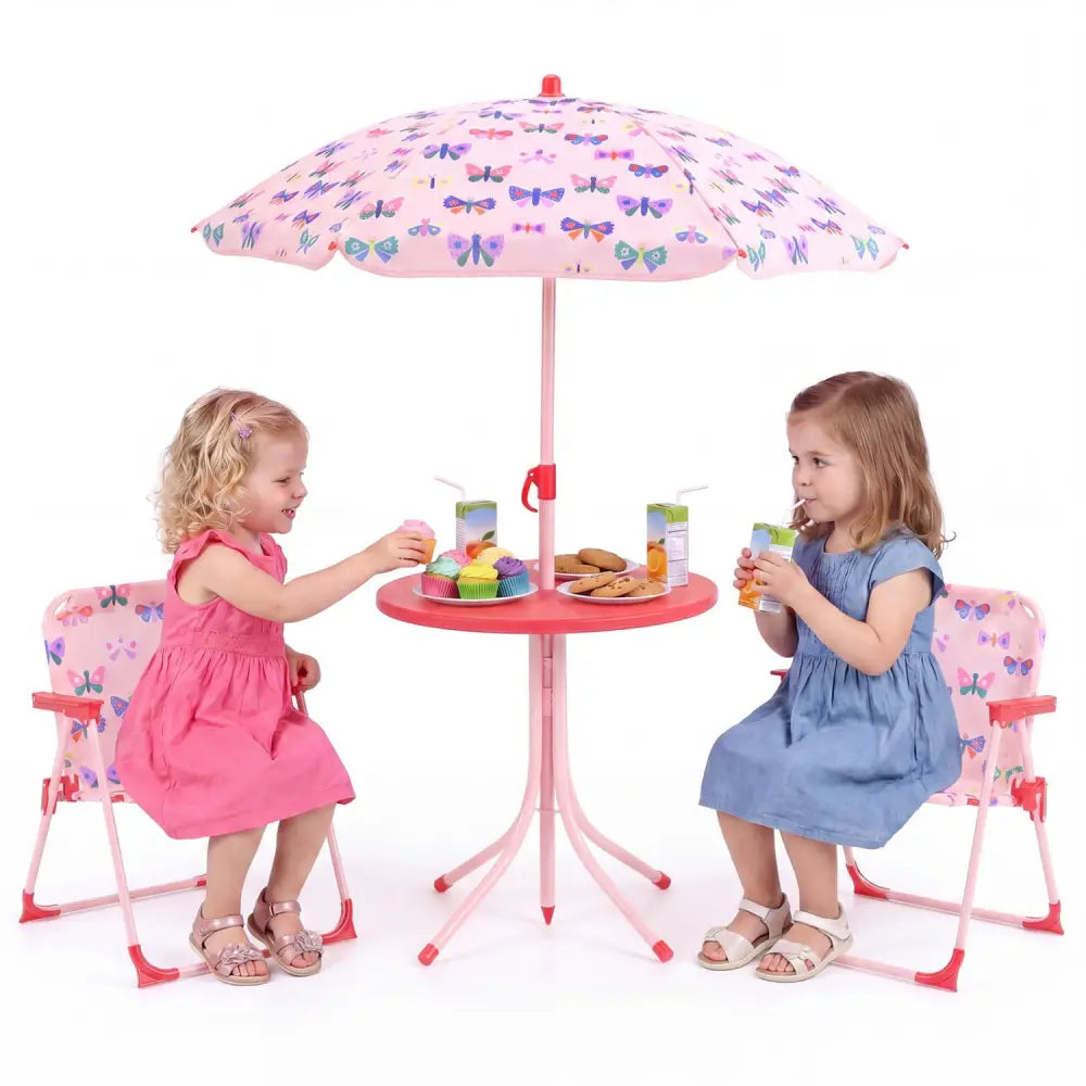 Kids Outdoor Table and Chair Set with 2 Folding Chairs and Height Adjustable Umbrella-Pink and White - White & Pink