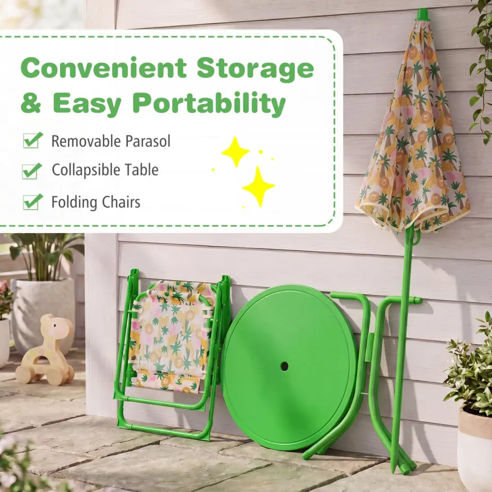 Kids Outdoor Table and Chair Set with 2 Folding Chairs and Height Adjustable Umbrella-Beige - Beige - Kids Table &