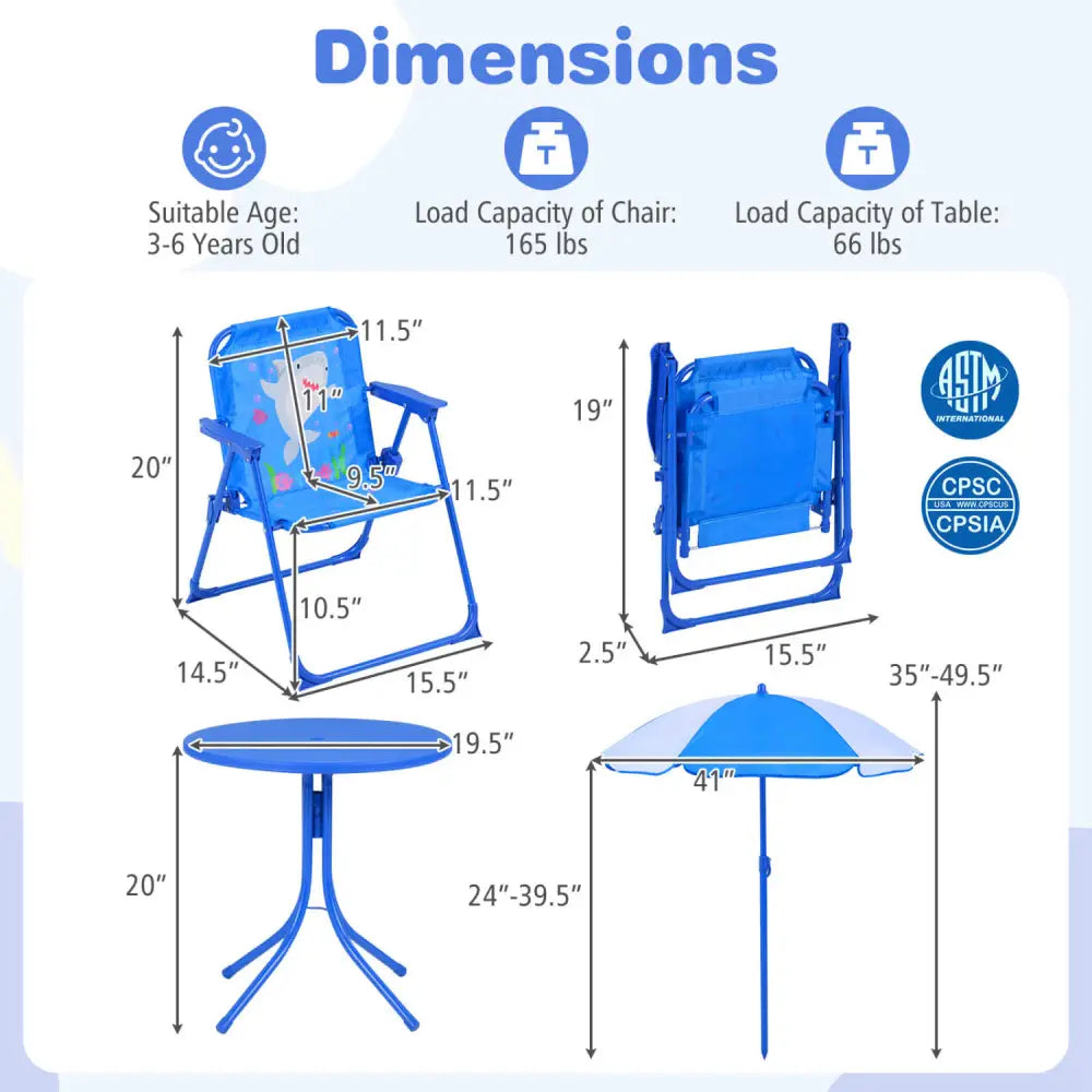 Kids Outdoor Table and Chair Set with 2 Folding Chairs and Height Adjustable Umbrella-Navy - Navy - Kids Table & Chair