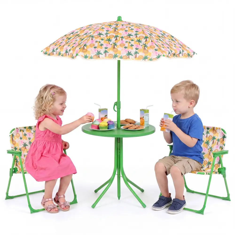 Kids Outdoor Table and Chair Set with 2 Folding Chairs and Height Adjustable Umbrella-Beige - Beige - Kids Table &