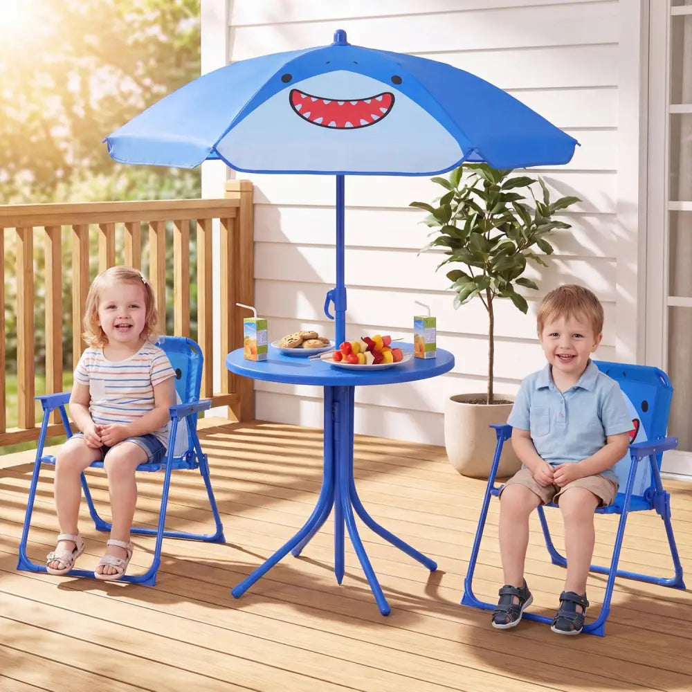 Kids Outdoor Table and Chair Set with 2 Folding Chairs and Height Adjustable Umbrella-Blue - Blue - Kids Table & Chair