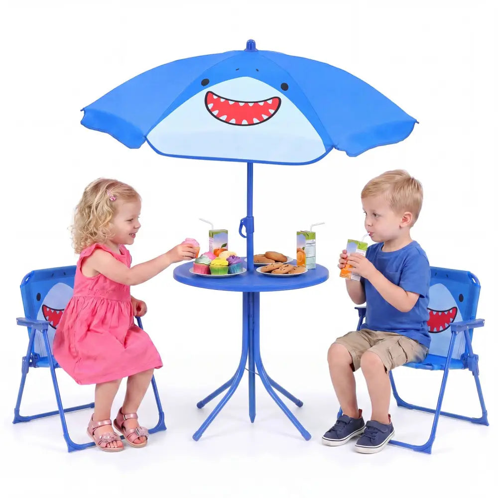 Kids Outdoor Table and Chair Set with 2 Folding Chairs and Height Adjustable Umbrella-Blue - Blue - Kids Table & Chair