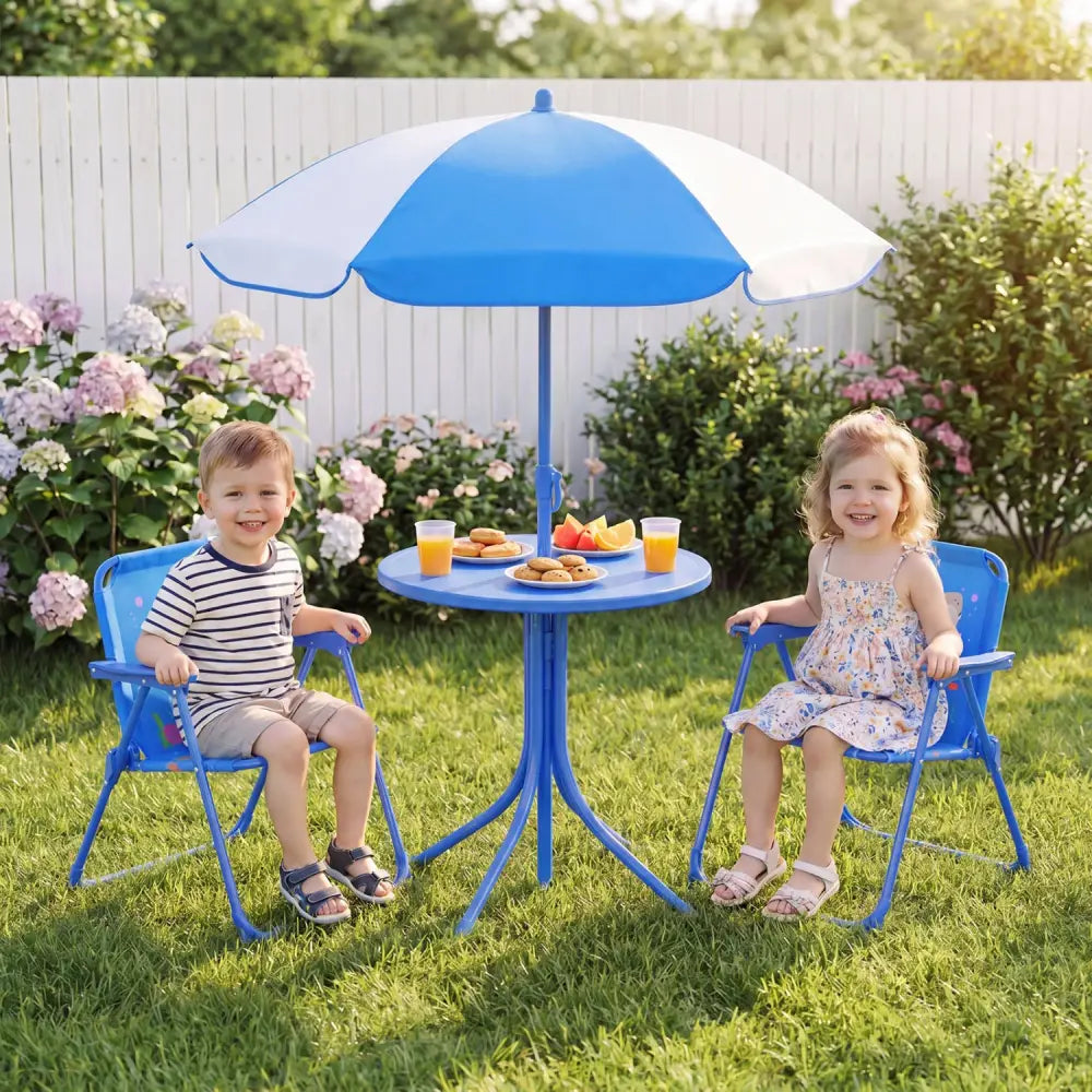 Kids Outdoor Table and Chair Set with 2 Folding Chairs and Height Adjustable Umbrella-Navy - Navy - Kids Table & Chair