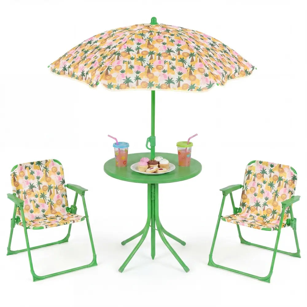 Kids Outdoor Table and Chair Set with 2 Folding Chairs and Height Adjustable Umbrella-Beige - Beige - Kids Table &